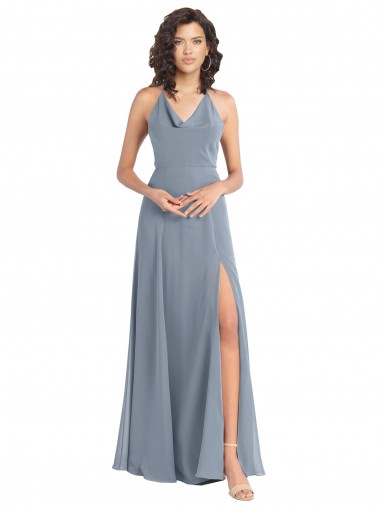 Sleeveless Cowl Neck Soft Chiffon Dusty Blue Long Bridesmaid Dress Cardiff