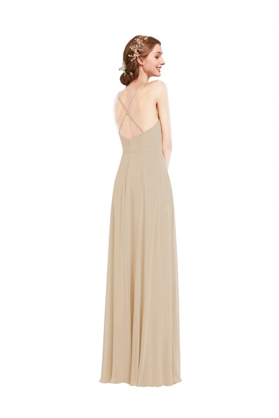 Sleeveless V-Neck Soft Chiffon Champagne Long Semi Formal Evening Dress / Bridesmaid Dress Cardiff