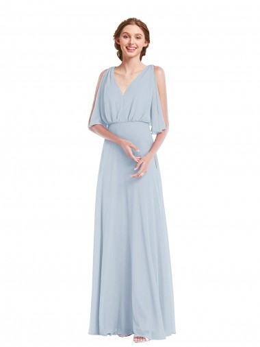 Half Sleeves V-Neck Soft Chiffon Sea Glass Long Evening Gown / Bridesmaid Dress Cardiff