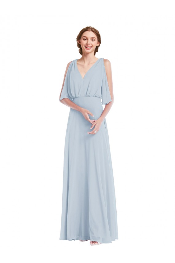 Half Sleeves V-Neck Soft Chiffon Sea Glass Long Evening Gown / Bridesmaid Dress Cardiff