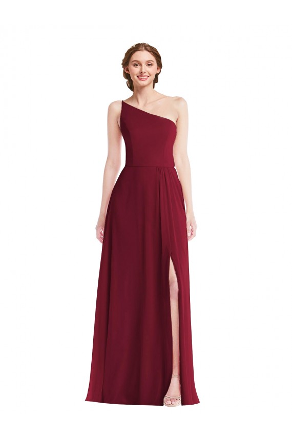 Sleeveless One Shoulder Soft Chiffon Burgundy Long Semi Formal Evening Dress / Bridesmaid Dress Cardiff