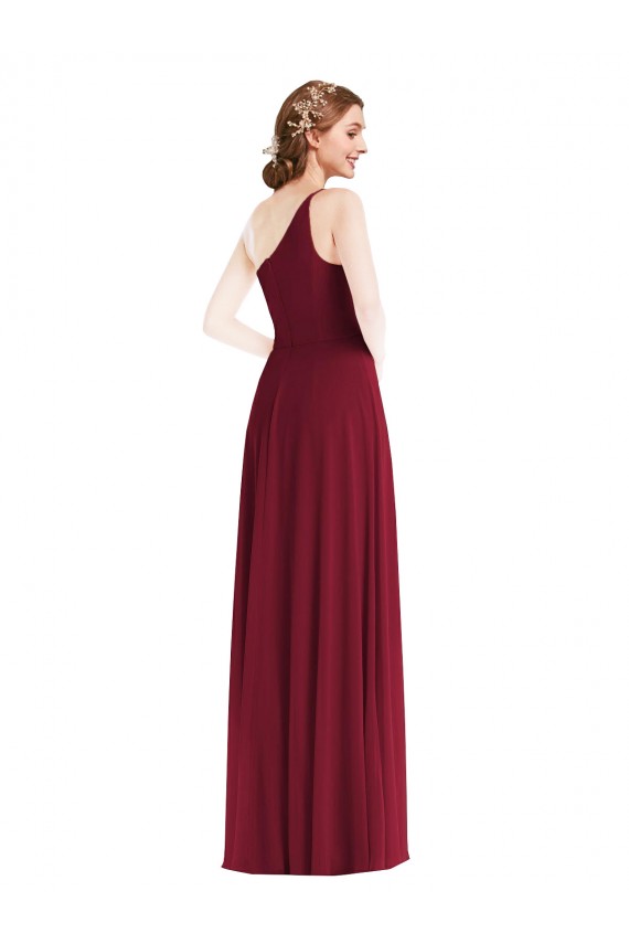 Sleeveless One Shoulder Soft Chiffon Burgundy Long Semi Formal Evening Dress / Bridesmaid Dress Cardiff
