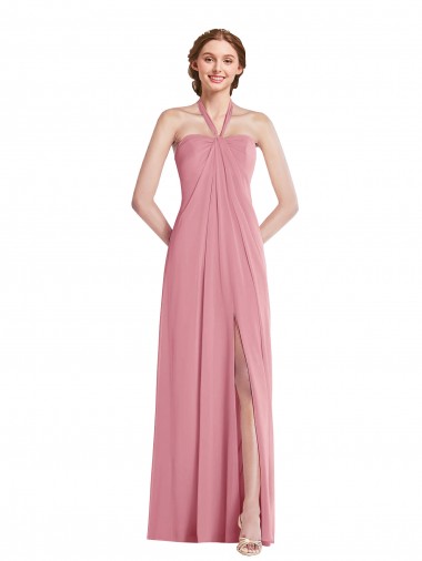 Sleeveless Halter Neck Soft Chiffon Skin Pink Long Semi Formal Evening Dress / Bridesmaid Dress Cardiff