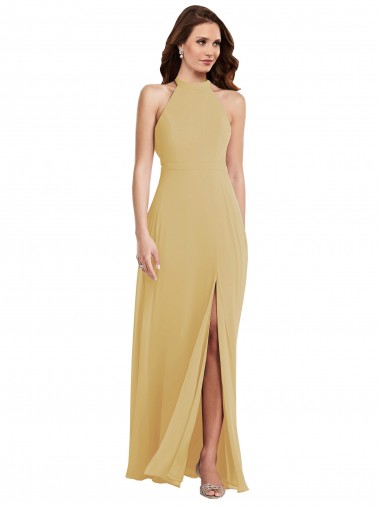 Sleeveless Halter Neck Soft Chiffon Gold Long Semi Formal Evening Dress / Bridesmaid Dress Cardiff
