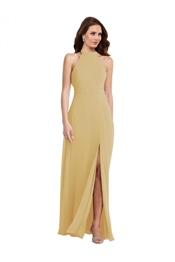 Sleeveless Halter Neck Soft Chiffon Gold Long Semi Formal Evening Dress / Bridesmaid Dress Cardiff