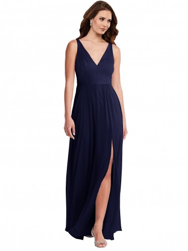 Sleeveless V-Neck Soft Chiffon Dark Navy Long Black Tie Evening Gown / Bridesmaid Dress Cardiff