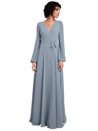 Long Sleeves V-Neck Soft Chiffon Dusty Blue Long Bridesmaid Dress / Formal Dress Cardiff