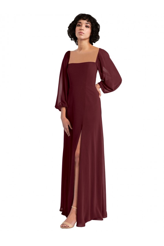 Long Sleeves Square Neck Chiffon Burgundy Gold Long Bridesmaid Dress / Evening Dress Cardiff