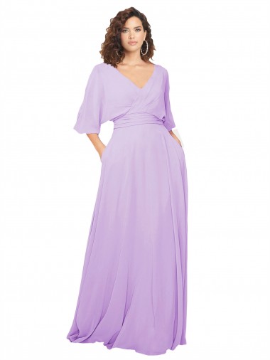 Half Sleeves V-Neck Lxue Chiffon Lilac Long Bridesmaid Dress Cardiff