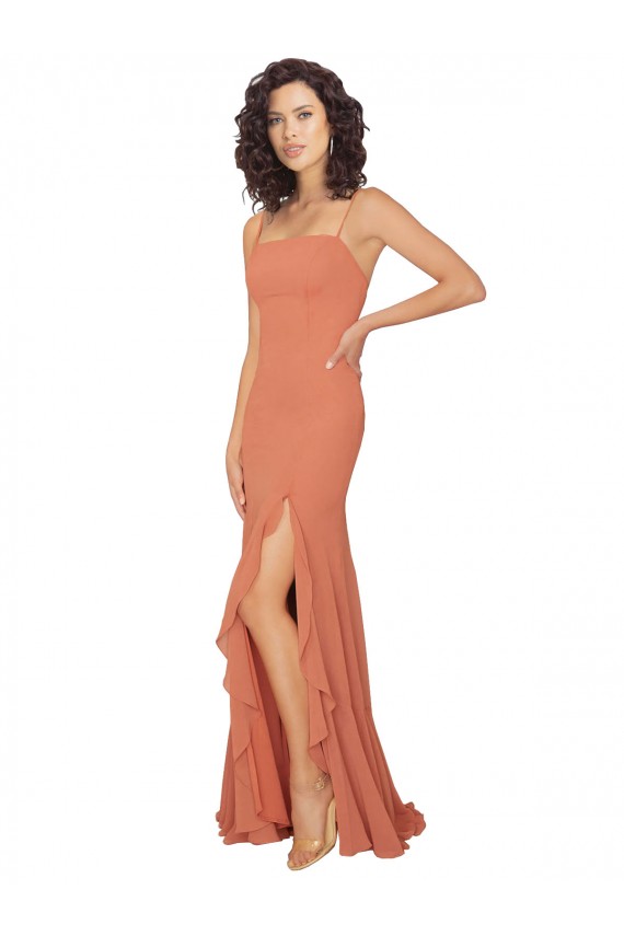 Sleeveless Square Neck Soft Chiffon Rosewood Long Bridesmaid Dress Cardiff