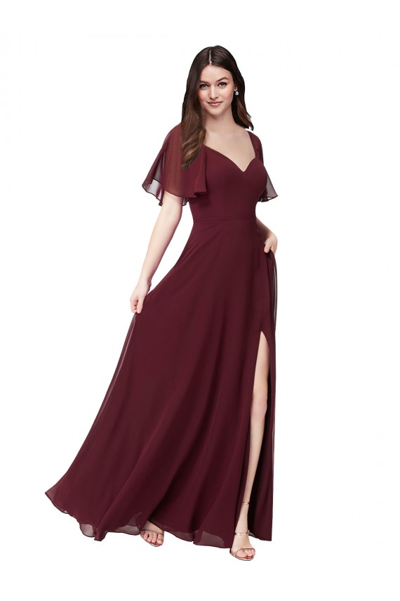 Short Flutter Sleeves Sweetheart Soft Chiffon Burgundy Gold Long Formal Dress / Bridesmaid Dress Cardiff
