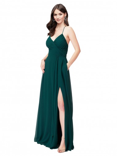 Sleeveless V-Neck Chiffon Hunter Green Long Wedding Party Dress Cardiff