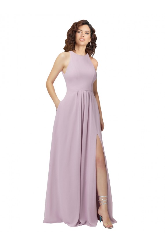 Sleeveless High Neck Soft Chiffon Pink Glow Long Bridesmaid Dress Cardiff