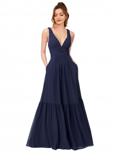 Sleeveless V-Neck Chiffon Dark Navy Long Full Length Formal Dress / Bridesmaid Dress Cardiff