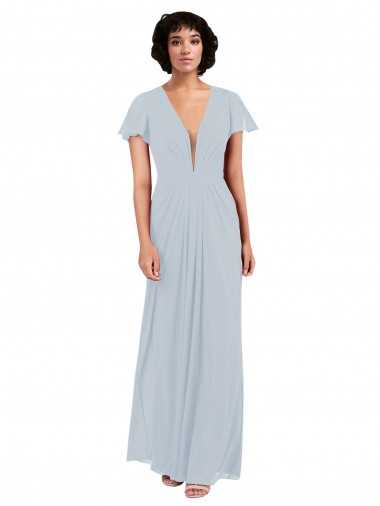 Cap Sleeves V-Neck Soft Chiffon Sea Glass Long Bridesmaid Dress / Formal Dress Cardiff