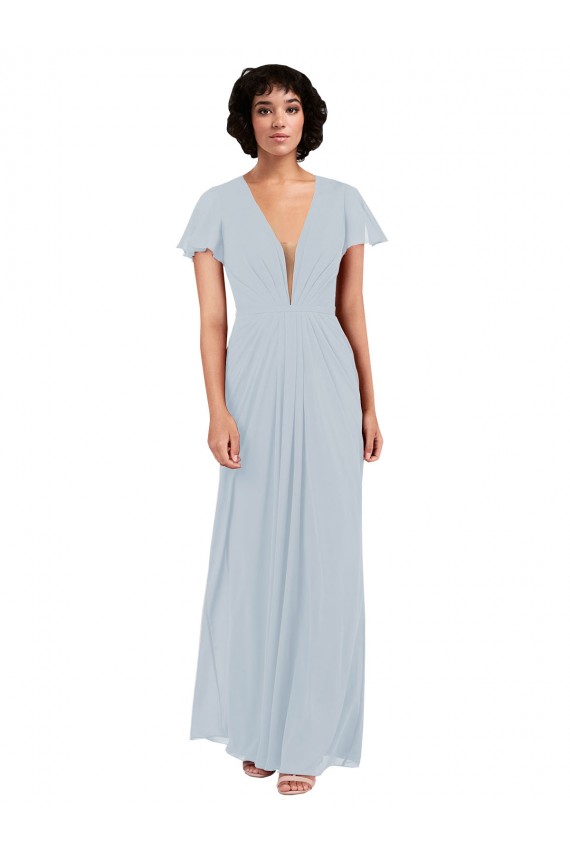 Cap Sleeves V-Neck Soft Chiffon Sea Glass Long Bridesmaid Dress / Formal Dress Cardiff
