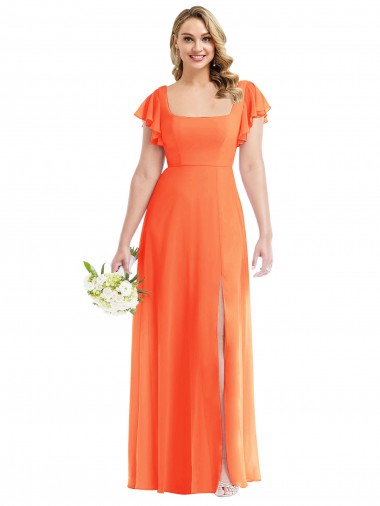 Flutter Sleeves Square Neck Soft Chiffon Tangerine Tango Long Semi Formal Evening Dress / Bridesmaid Dress Cardiff