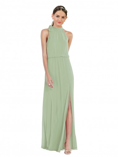 Sleeveless High Neck Soft Chiffon Smoke Green Long Semi Formal Evening Dress / Bridesmaid Dress Cardiff
