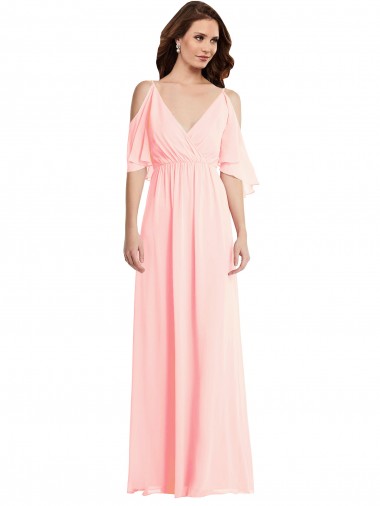 Cold Shoulder V-Neck Soft Chiffon Pink Long Semi Formal Evening Dress / Bridesmaid Dress Cardiff