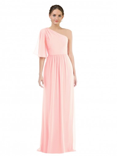 Bell Sleeves One Shoulder Soft Chiffon Pink Long Semi Formal Evening Dress / Bridesmaid Dress Cardiff