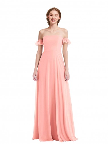 Flutter Sleeves Off the Shoulder Soft Chiffon Salmon Long Semi Formal Evening Dress / Bridesmaid Dress Cardiff