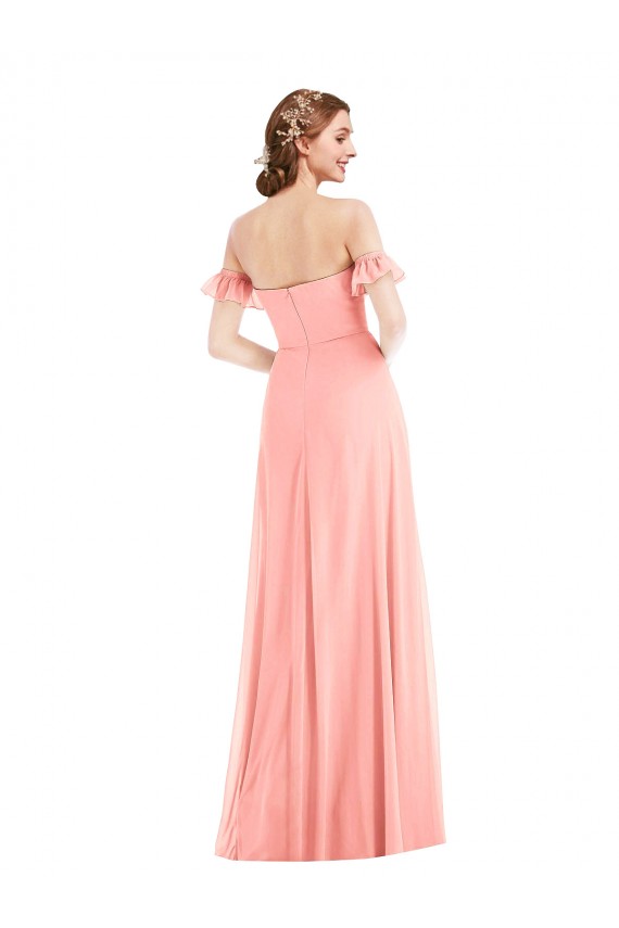 Flutter Sleeves Off the Shoulder Soft Chiffon Salmon Long Semi Formal Evening Dress / Bridesmaid Dress Cardiff