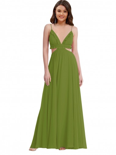 Sleeveless V-Neck Soft Chiffon Olive Green Long Plus Size Evening Gown / Bridesmaid Dress Cardiff