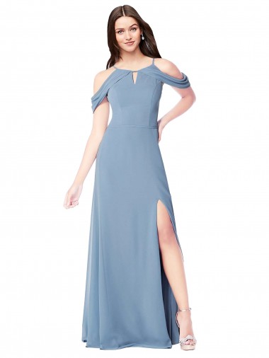 Sleeveless Off the Shoulder Soft Chiffon Dusty Blue Long Evening Dress / Bridesmaid Dress Cardiff