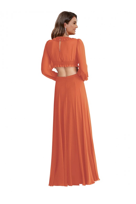 Long Sleeves V-Neck Soft Chiffon Firecracker Long High Low Evening Gown / Bridesmaid Dress Cardiff
