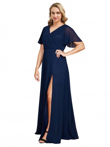 Short Flutter Sleeves V-Neck Soft Chiffon Dark Navy Long Formal Plus Size Evening Gown / Prom Dress / Bridesmaid Dress Cardiff