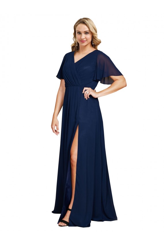 Short Flutter Sleeves V-Neck Soft Chiffon Dark Navy Long Formal Plus Size Evening Gown / Prom Dress / Bridesmaid Dress Cardiff