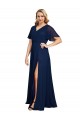 Short Flutter Sleeves V-Neck Soft Chiffon Dark Navy Long Formal Plus Size Evening Gown / Prom Dress / Bridesmaid Dress Cardiff