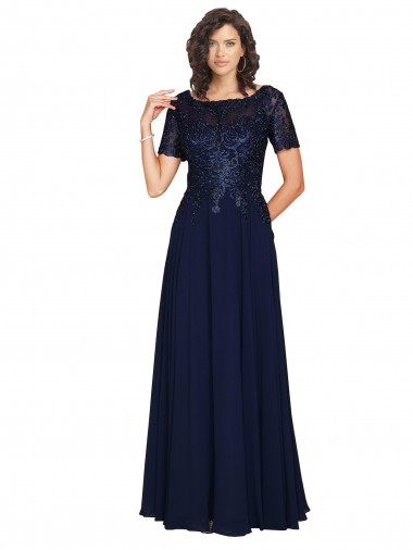 Short Sleeves Round Neck Soft Chiffon Dark Navy Long Prom Dress / Bridesmaid Dress Cardiff