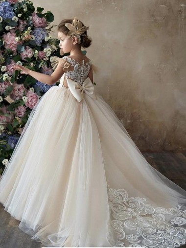 Sleeveless Sweetheart Tulle & Lace Champagne Chapel Train Flower Girl Dresses Cardiff