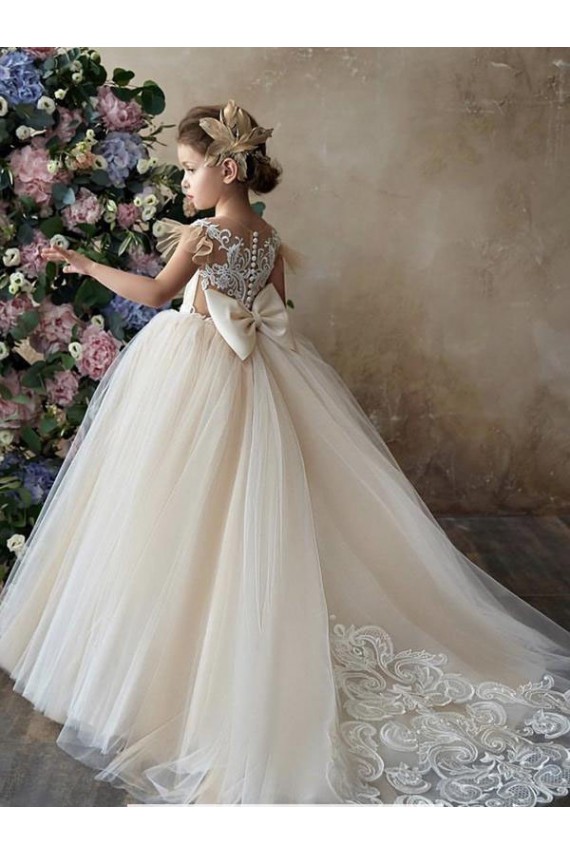 Sleeveless Sweetheart Tulle & Lace Champagne Chapel Train Flower Girl Dresses Cardiff