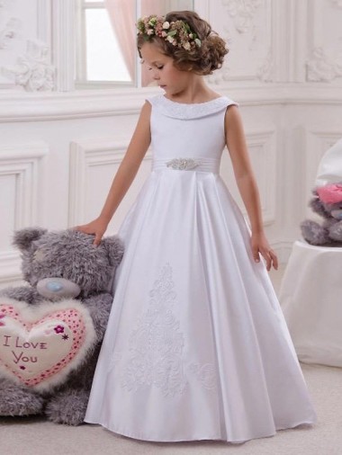 Sleeveless Bateau Neck Satin & Lace Ivory Long Flower Girl Dresses Cardiff