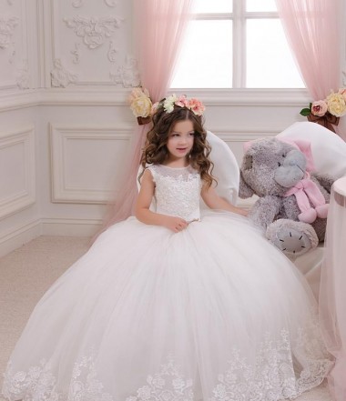 Sleeveless Bateau Neck Tulle & Lace Ivory Chapel Train Flower Girl Wedding Dress Cardiff