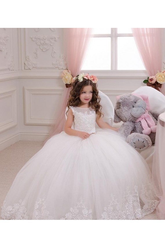 Sleeveless Bateau Neck Tulle & Lace Ivory Chapel Train Flower Girl Wedding Dress Cardiff