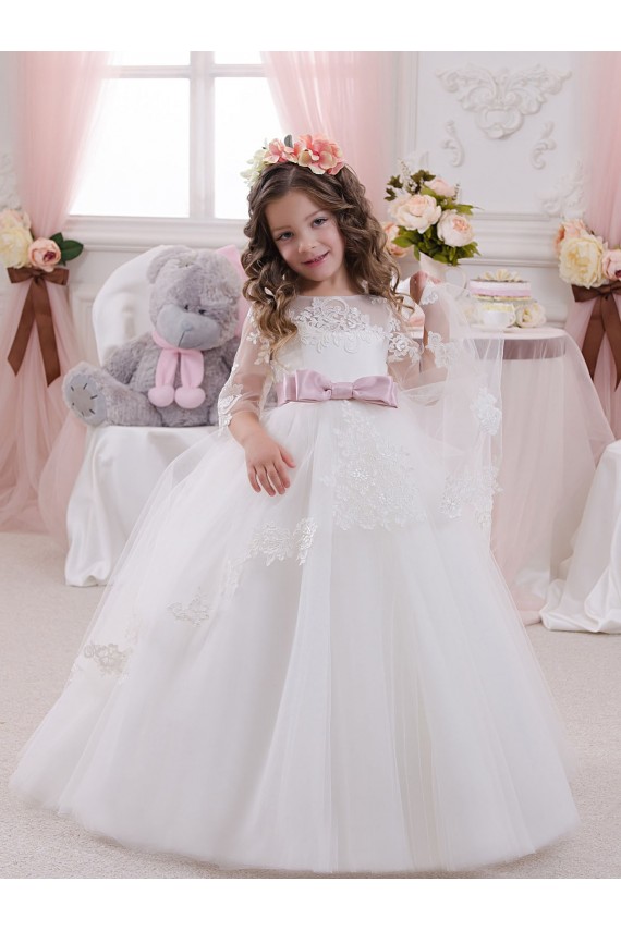 Sleeveless Bateau Neck Tulle & Lace Ivory Ball Gowns Chapel Train Flower Girl Dress Cardiff