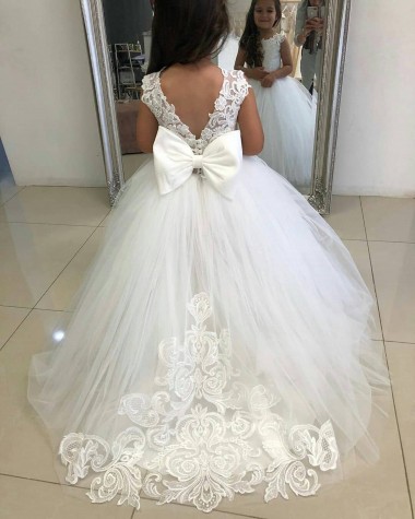 Sleeveless Bateau Neck Tulle & Lace Ivory Ball Gown Chapel Train Flower Girl Dress Cardiff