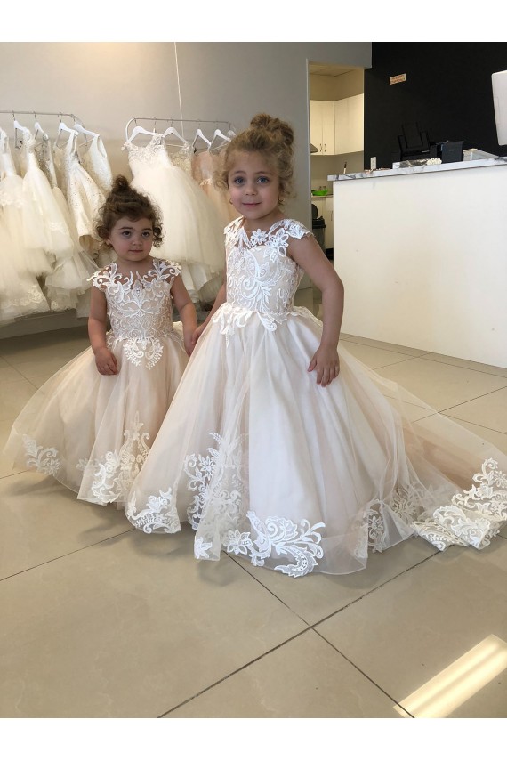 Sleeveless Bateau Neck Tulle & Lace Ivory Chapel Train Little Flower Girl Dress Cardiff
