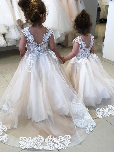 Sleeveless Bateau Neck Tulle & Lace Ivory Chapel Train Little Flower Girl Dress Cardiff