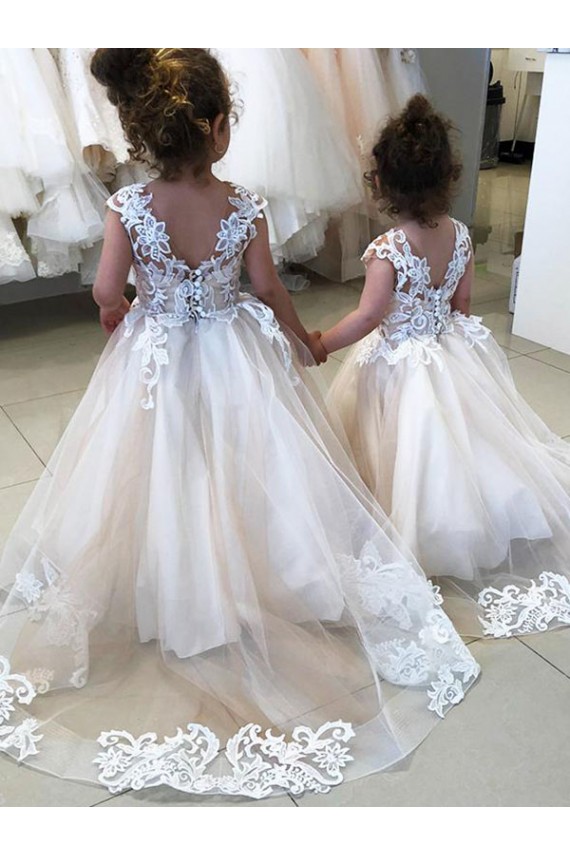 Sleeveless Bateau Neck Tulle & Lace Ivory Chapel Train Little Flower Girl Dress Cardiff