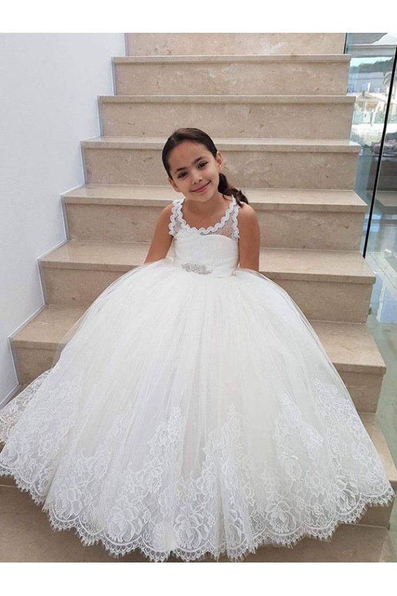 Sleeveless High Neck Tulle & Lace Ivory Long Flower Girl Dress for Wedding Cardiff