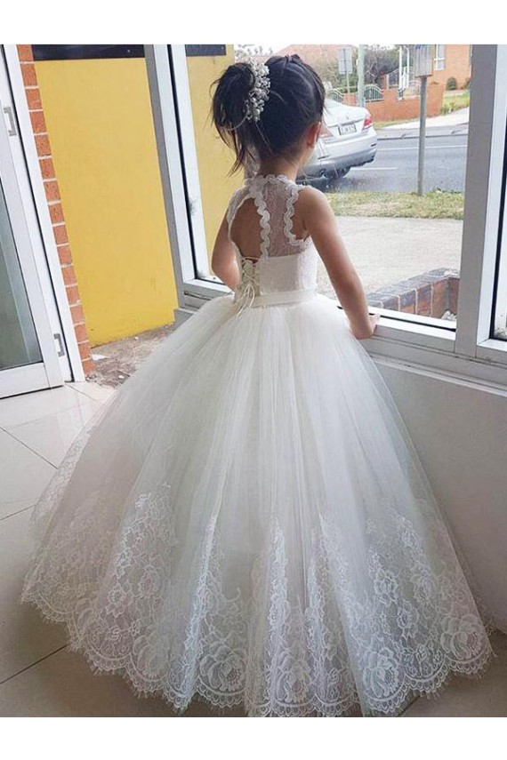 Sleeveless High Neck Tulle & Lace Ivory Long Flower Girl Dress for Wedding Cardiff