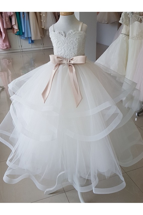 Sleeveless High Neck Tulle & Lace Ivory Long Flower Girl Wedding Dress Cardiff