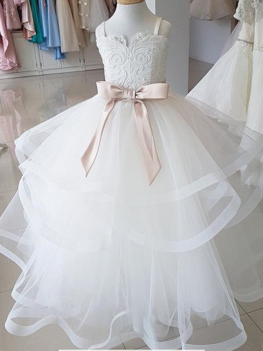 Sleeveless High Neck Tulle & Lace Ivory Long Flower Girl Wedding Dress Cardiff