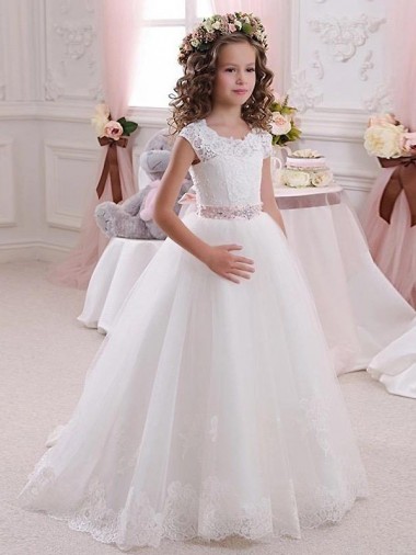 Cap Sleeves High Neck Tulle & Lace Ivory Long Flower Girl Dress Cardiff