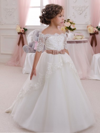 Short Sleeves High Neck Tulle & Lace Ivory Long Flower Girl Dresses Cardiff