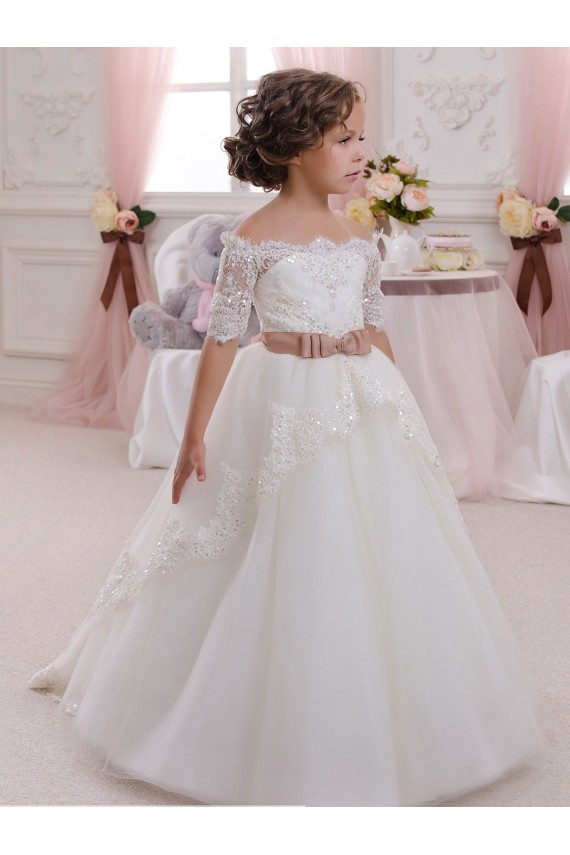 Short Sleeves High Neck Tulle & Lace Ivory Long Flower Girl Dresses Cardiff